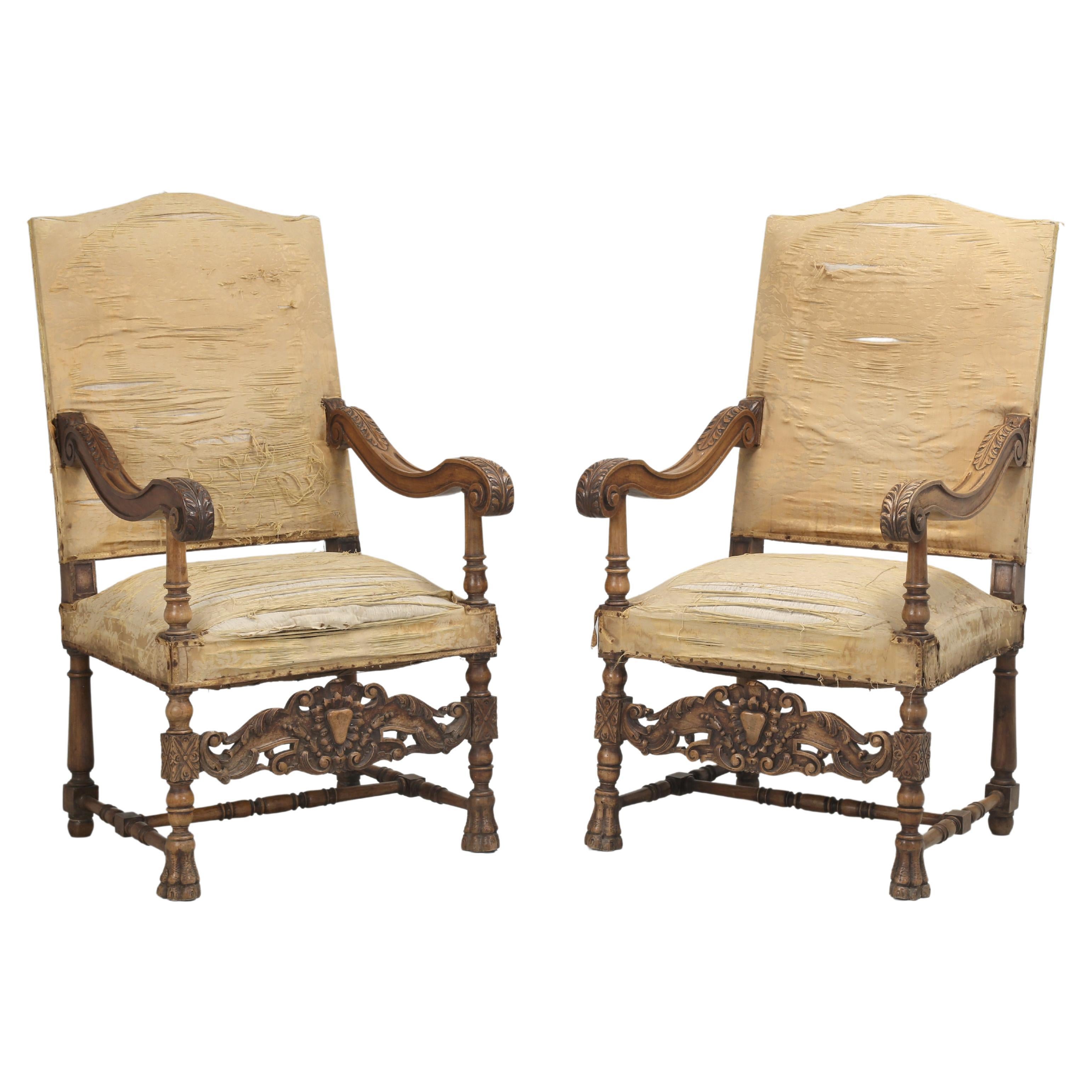 Antique Pair of Italian Armchairs Hand Carved Walnut Require Restoration, C1880s For Sale