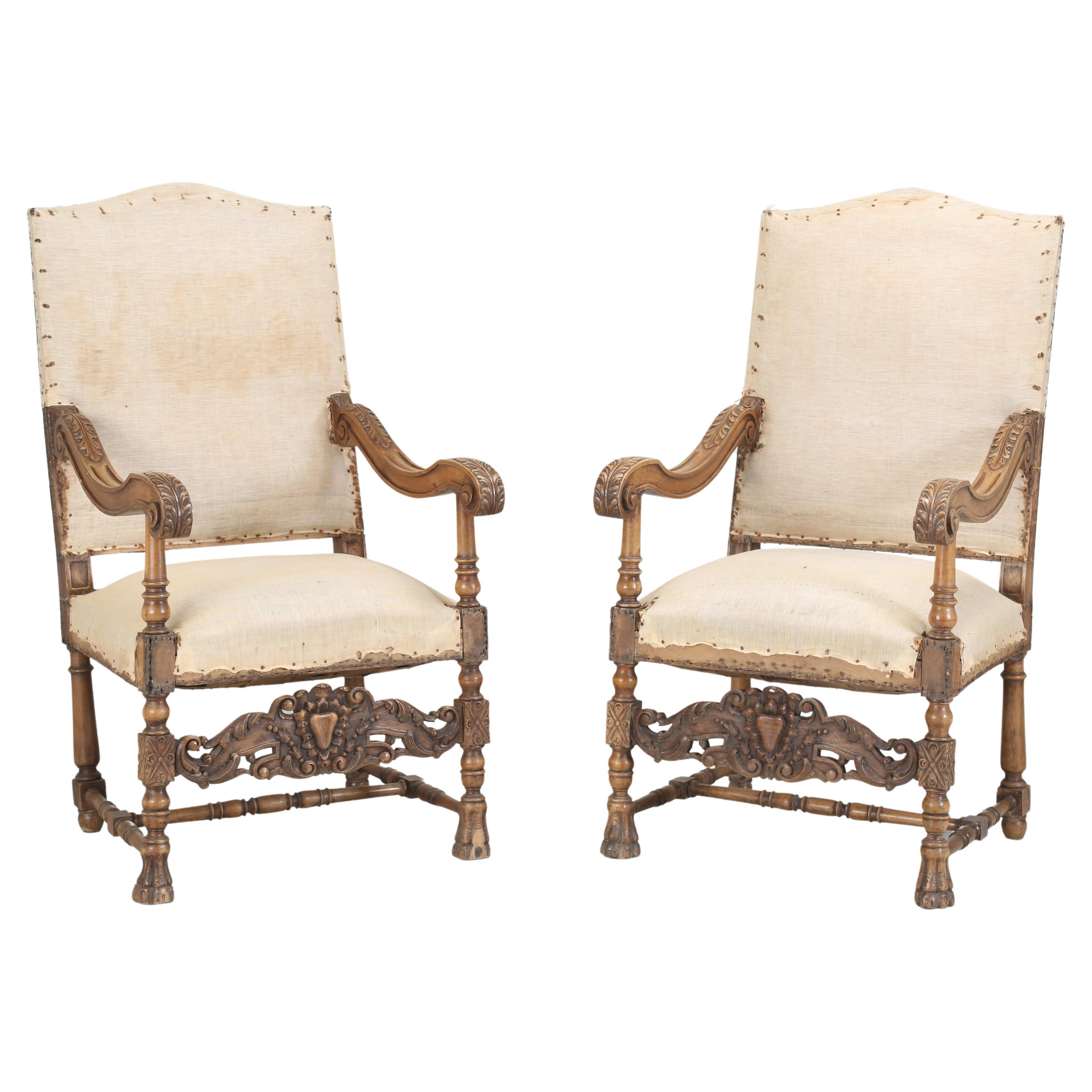 Antique Pair of Italian Armchairs Hand Carved Walnut Require Restoration C1880s For Sale