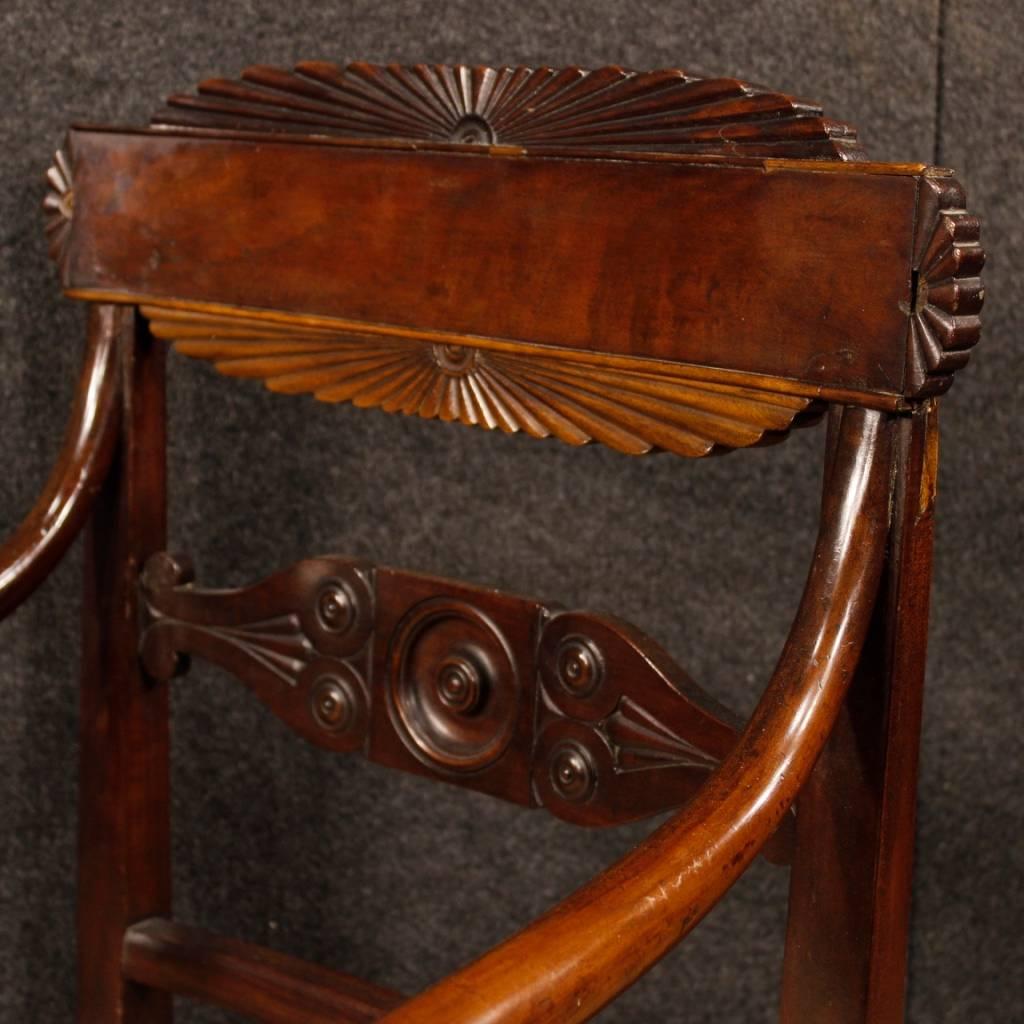 Late 19th Century Antique Pair of Italian Armchairs in Carved Mahogany Wood from 19th Century