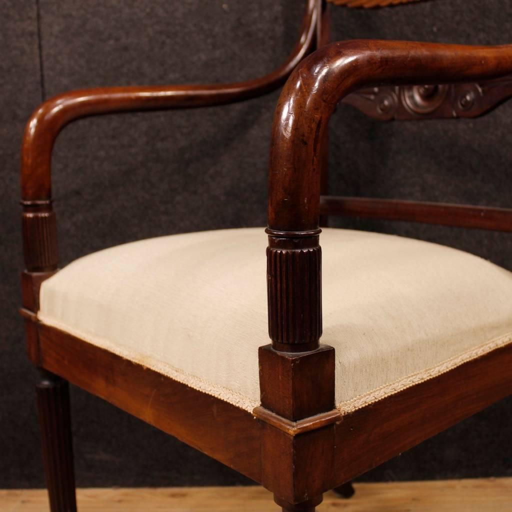 Antique Pair of Italian Armchairs in Carved Mahogany Wood from 19th Century 1