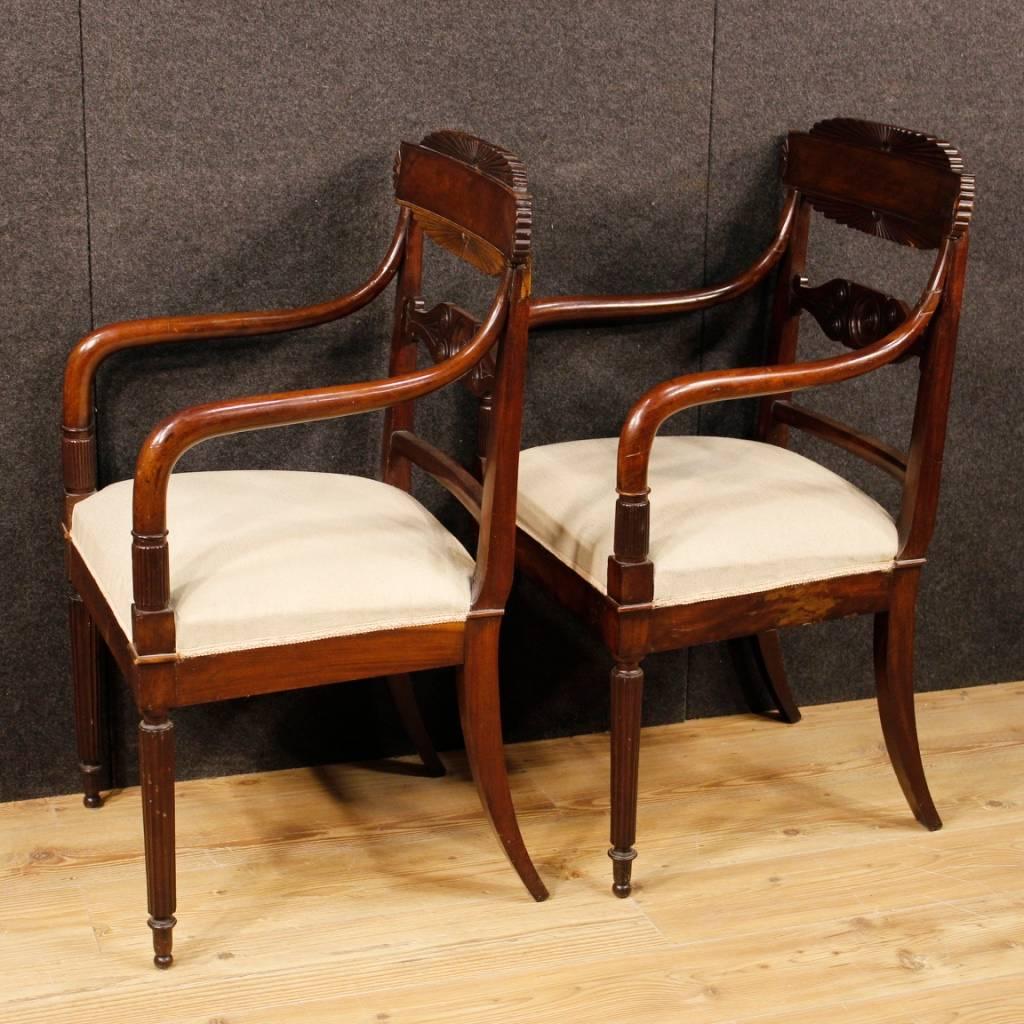 Antique Pair of Italian Armchairs in Carved Mahogany Wood from 19th Century 3