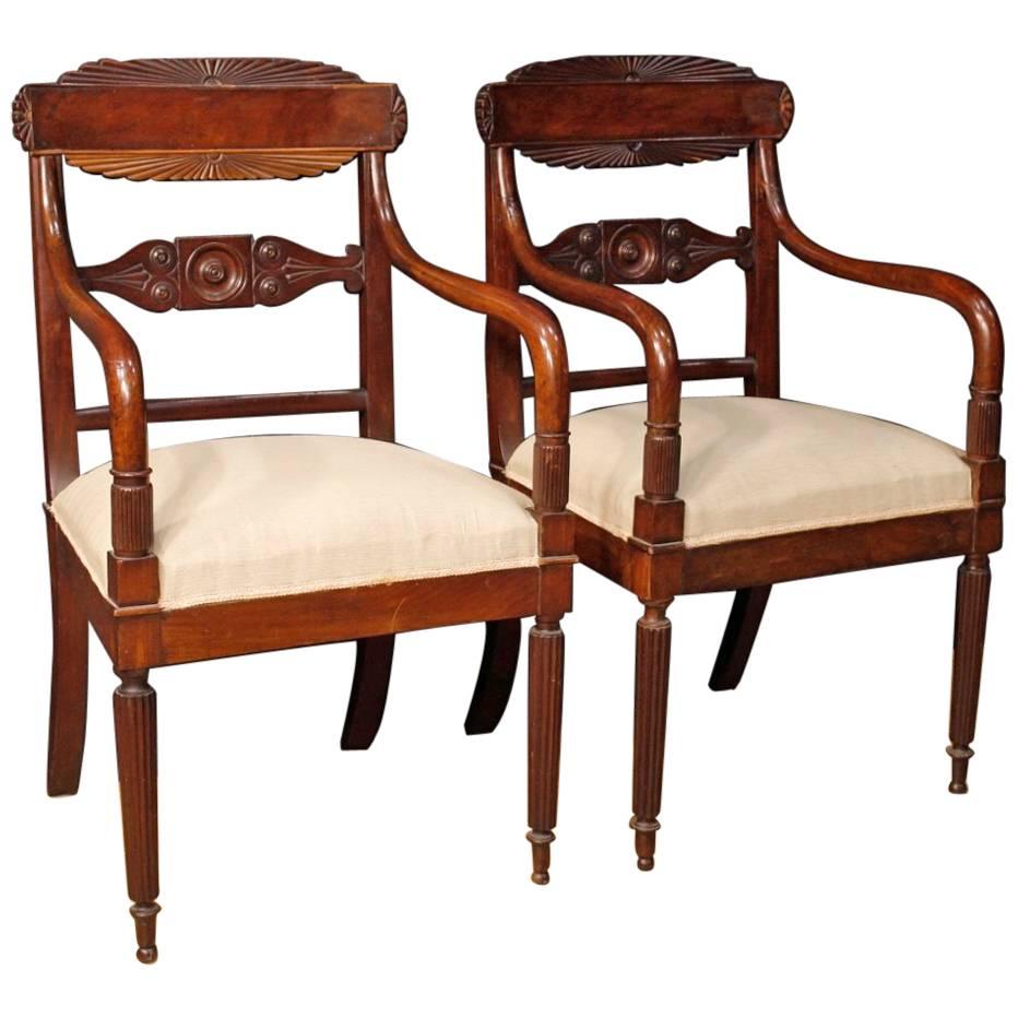 Antique Pair of Italian Armchairs in Carved Mahogany Wood from 19th Century