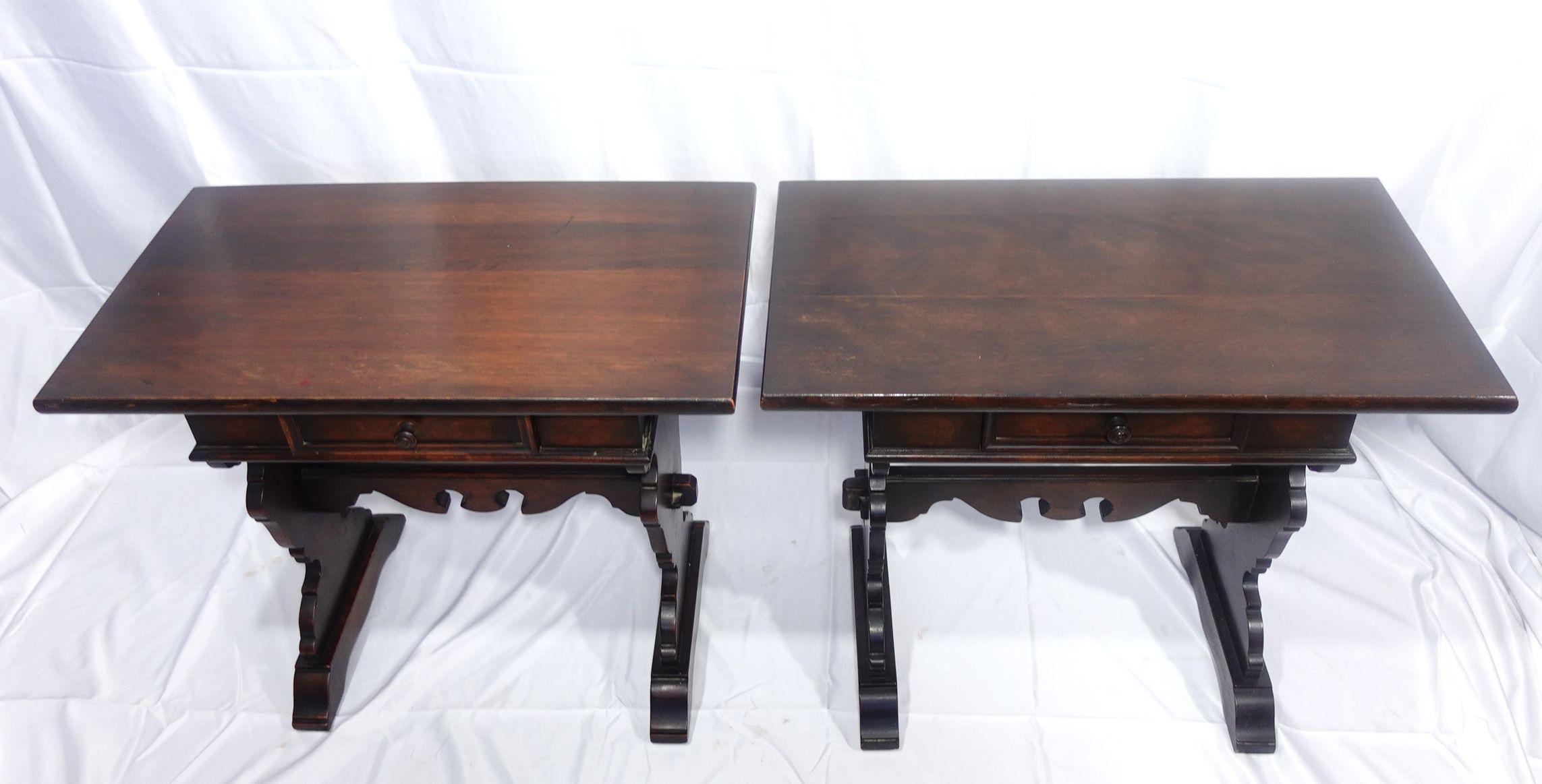 Hand-Carved Antique Pair of Italian Baroque Style Walnut  Trestle Side Tables, 19th Century  For Sale