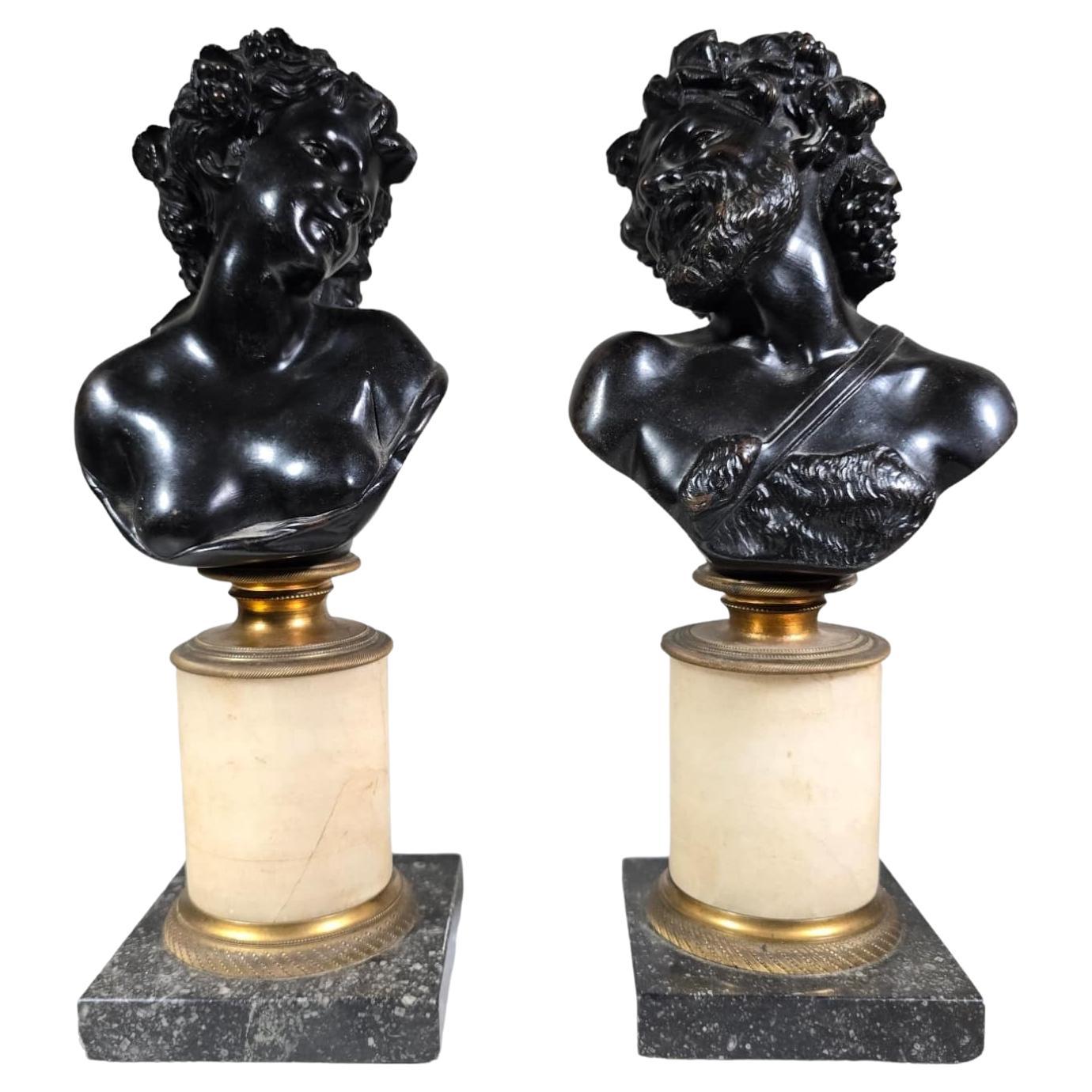 Antique Pair of Italian Bronze Busts: Dionysus and Ariadne, 19th Century