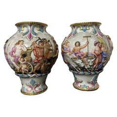 Antique Pair of Italian Capodimonte Relief-Moulded Porcelain Vases, c.1900