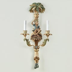Antique Pair of Italian Carved Wood Wall Sconces with Monkeys