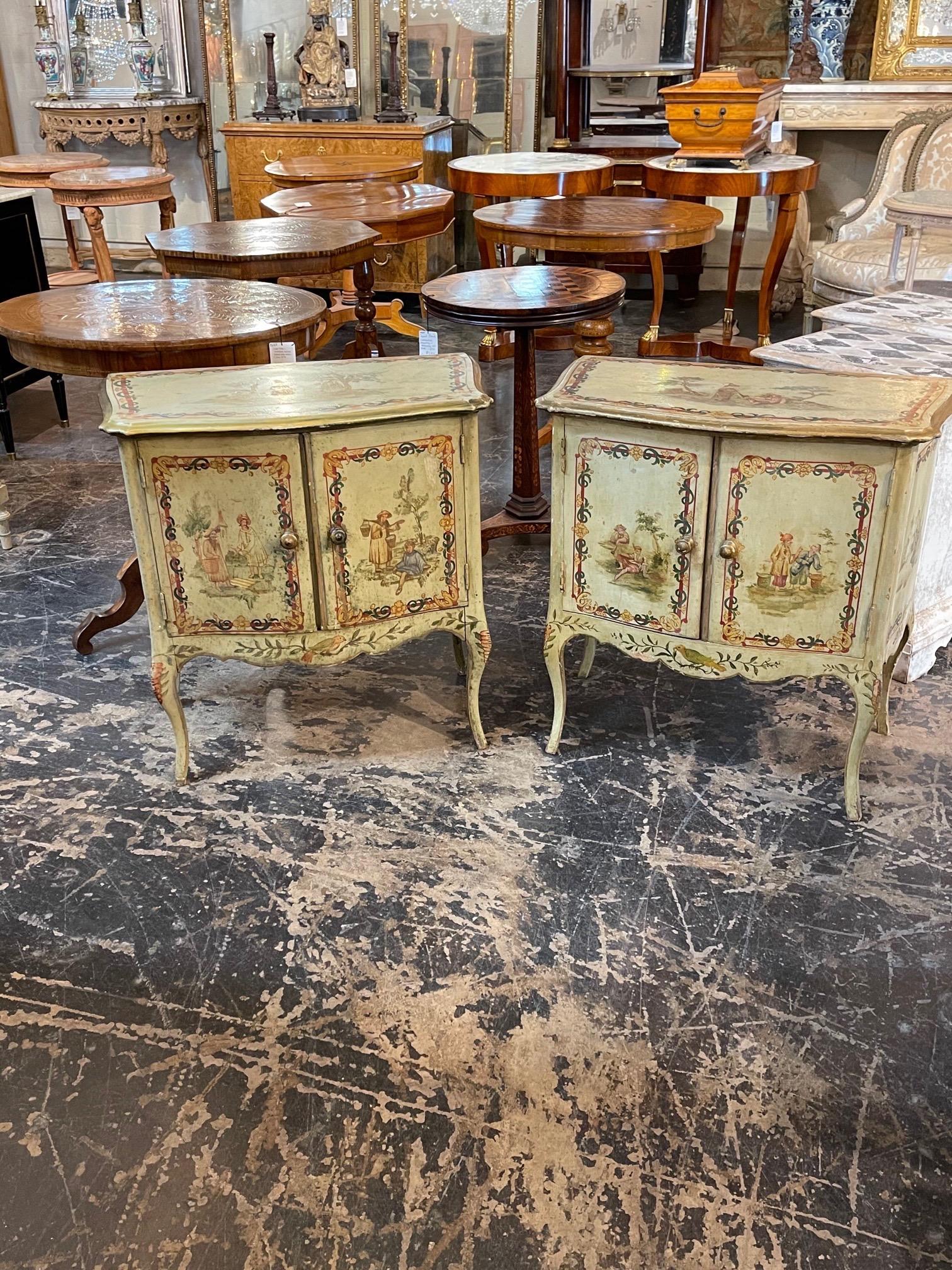 Beautiful pair of antique Italian bedside table with hand painted Chinoiserie design. Really pretty images and fabulous patina as well. Very special!