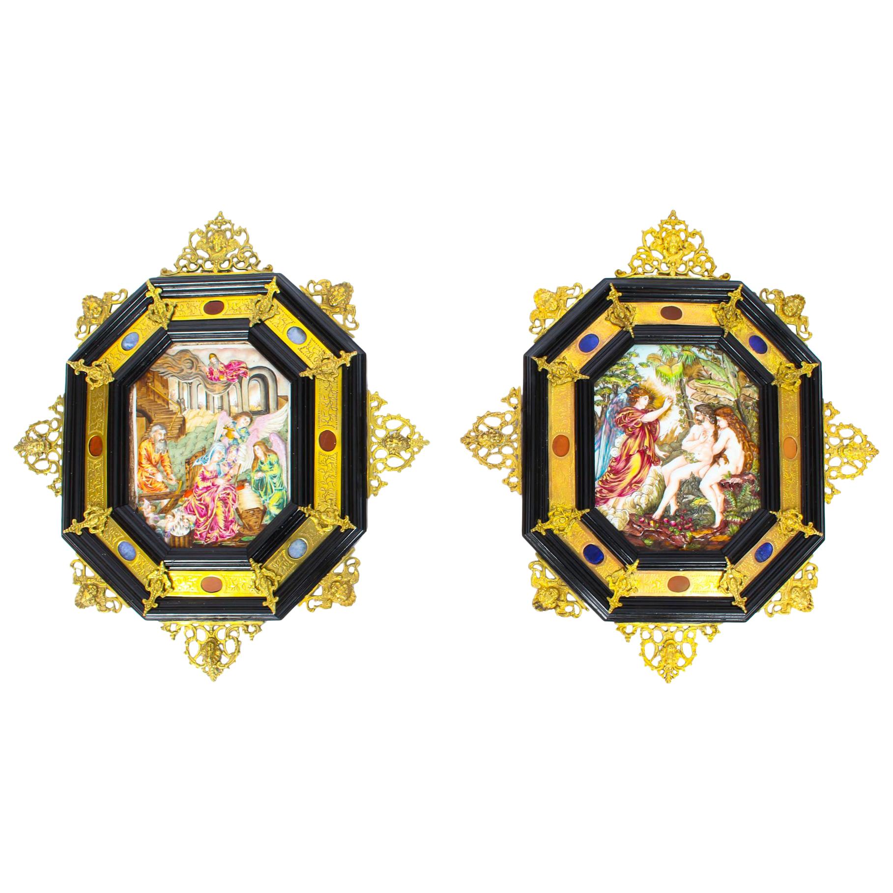 Antique Pair of Italian Framed Capodimonte Porcelain Plaques, 19th Century