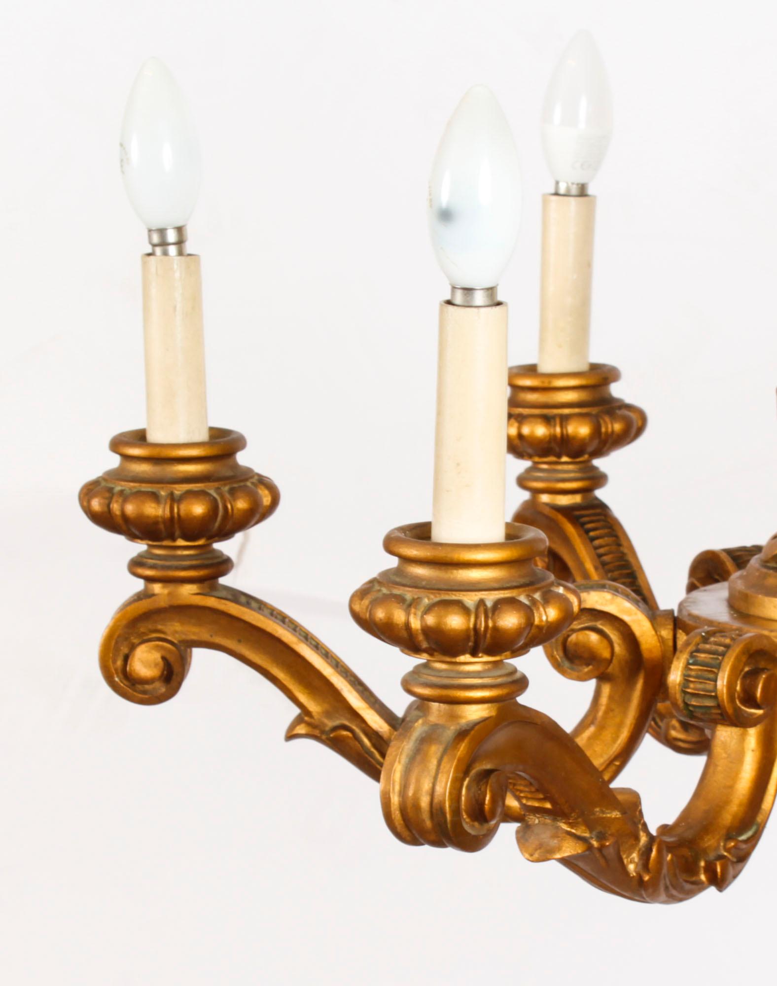 Antique Pair of Italian Giltwood Six Branch Chandeliers C1920 For Sale 4