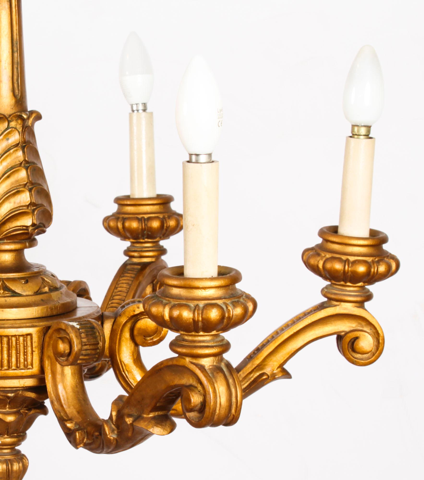 Antique Pair of Italian Giltwood Six Branch Chandeliers C1920 For Sale 5