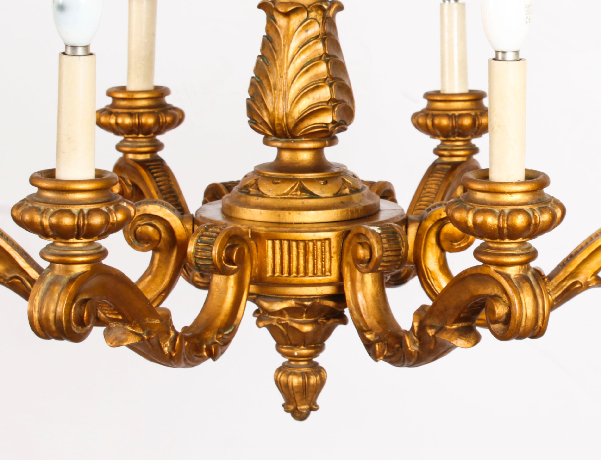 Antique Pair of Italian Giltwood Six Branch Chandeliers C1920 For Sale 6