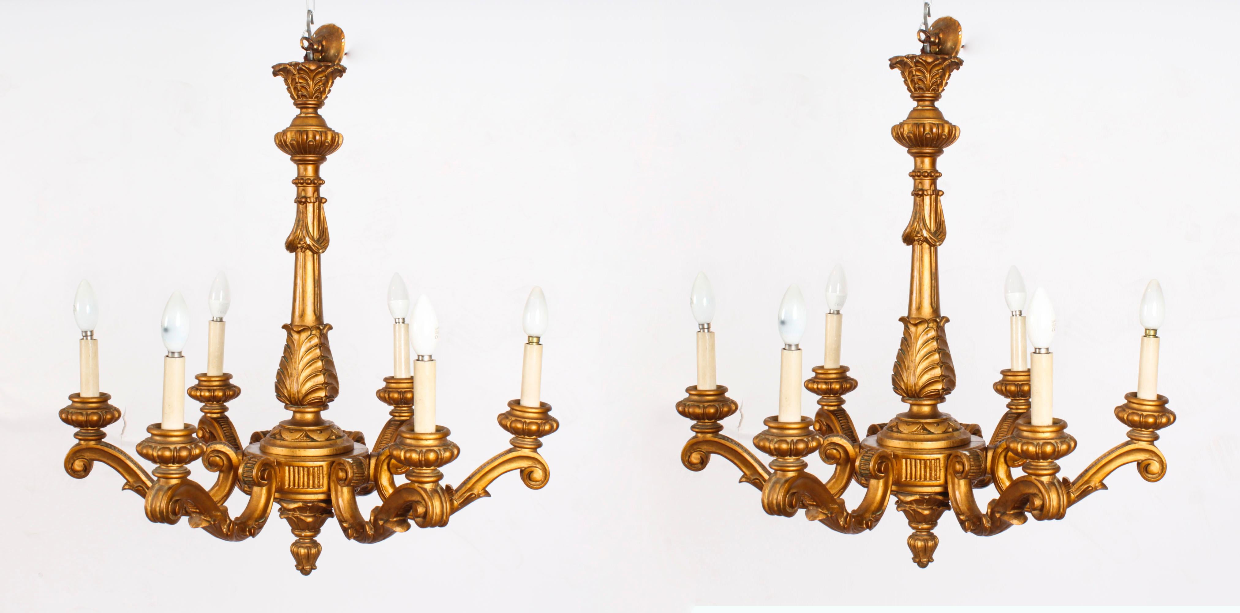 Antique Pair of Italian Giltwood Six Branch Chandeliers C1920 For Sale 8