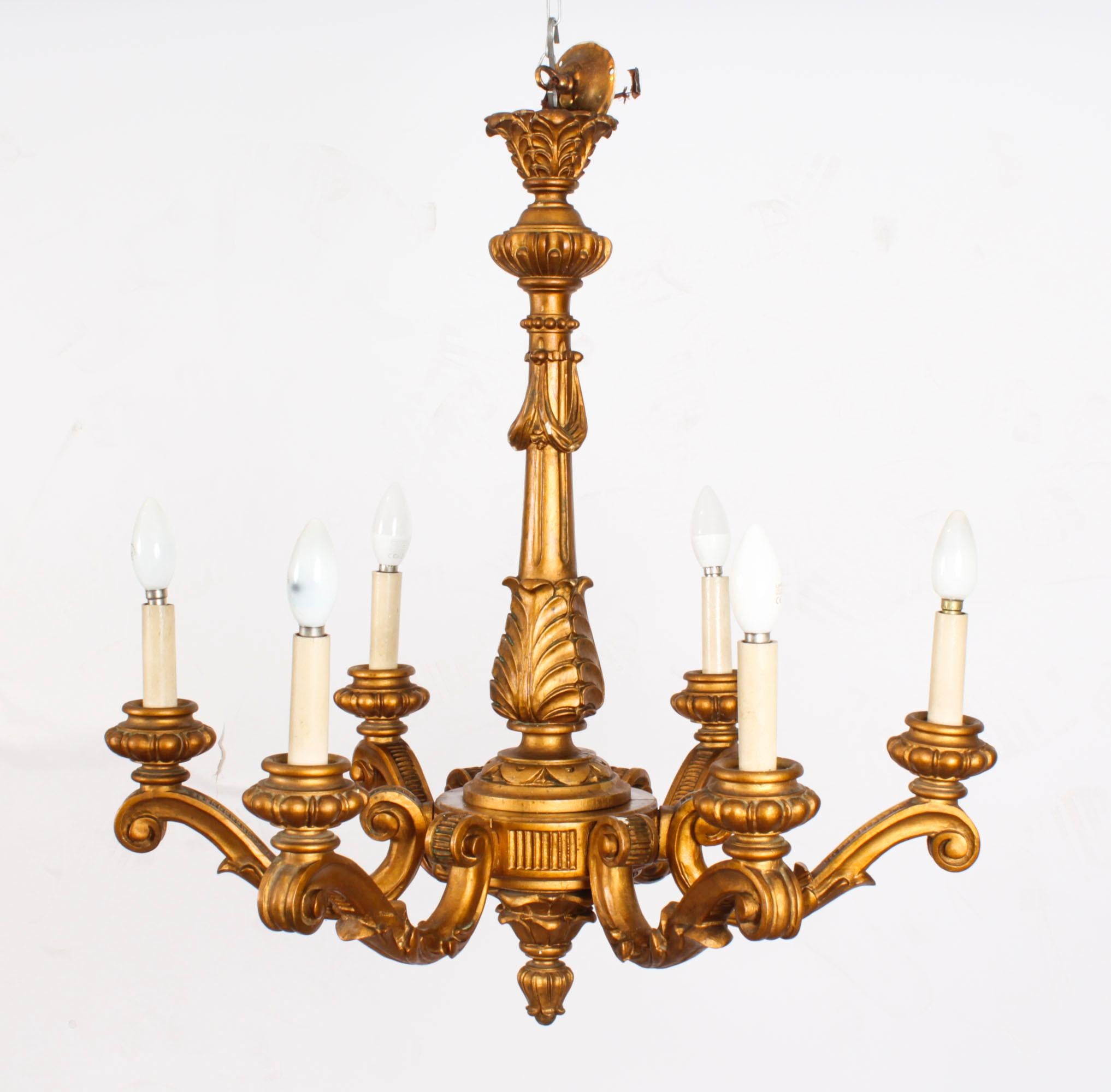 Rococo Antique Pair of Italian Giltwood Six Branch Chandeliers C1920 For Sale