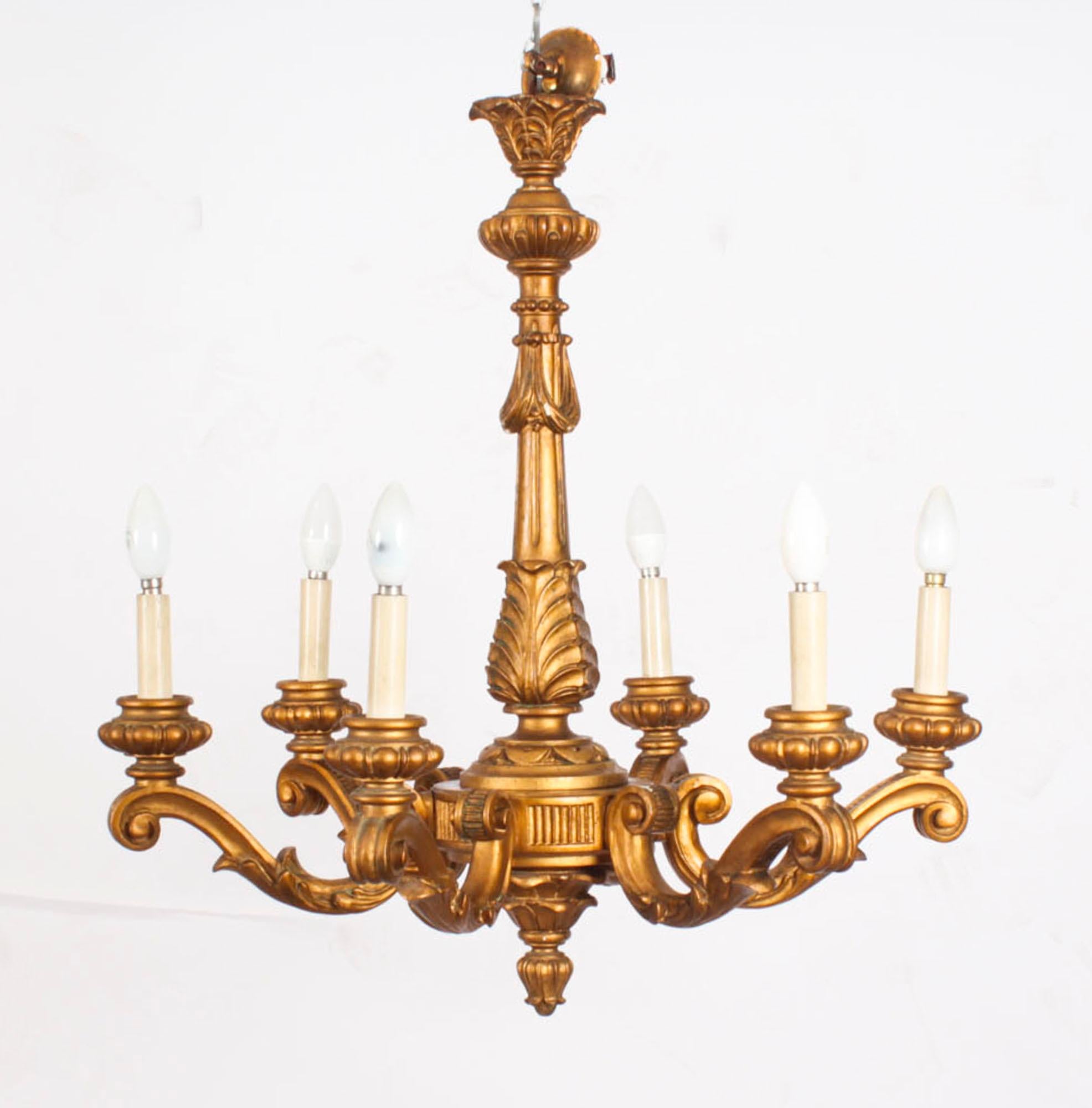 Carved Antique Pair of Italian Giltwood Six Branch Chandeliers C1920 For Sale