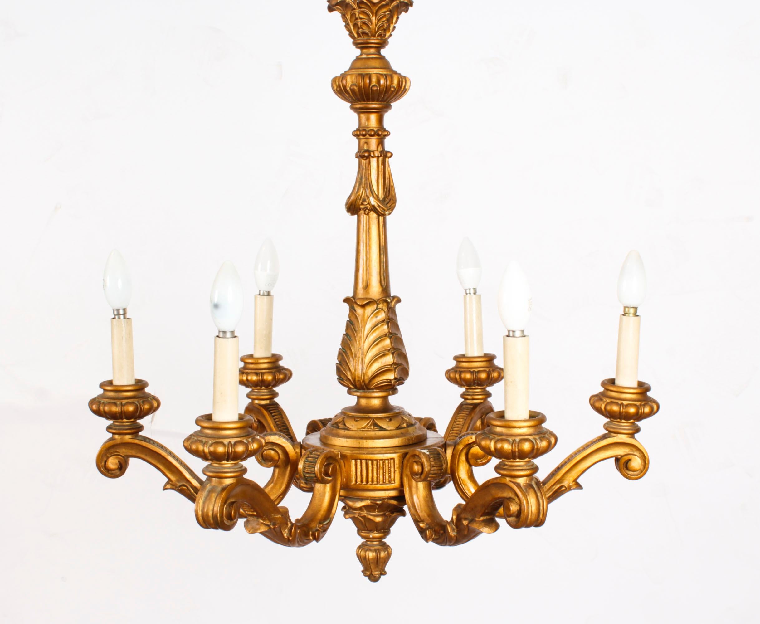 Antique Pair of Italian Giltwood Six Branch Chandeliers C1920 In Good Condition For Sale In London, GB