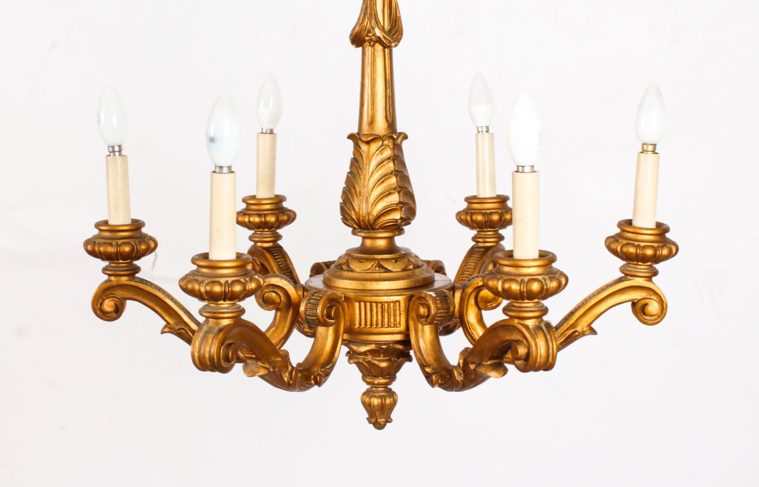 Early 20th Century Antique Pair of Italian Giltwood Six Branch Chandeliers C1920 For Sale