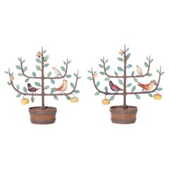 Antique Pair of Italian Tole Potted Plants with Birds and Fruit Garnitures