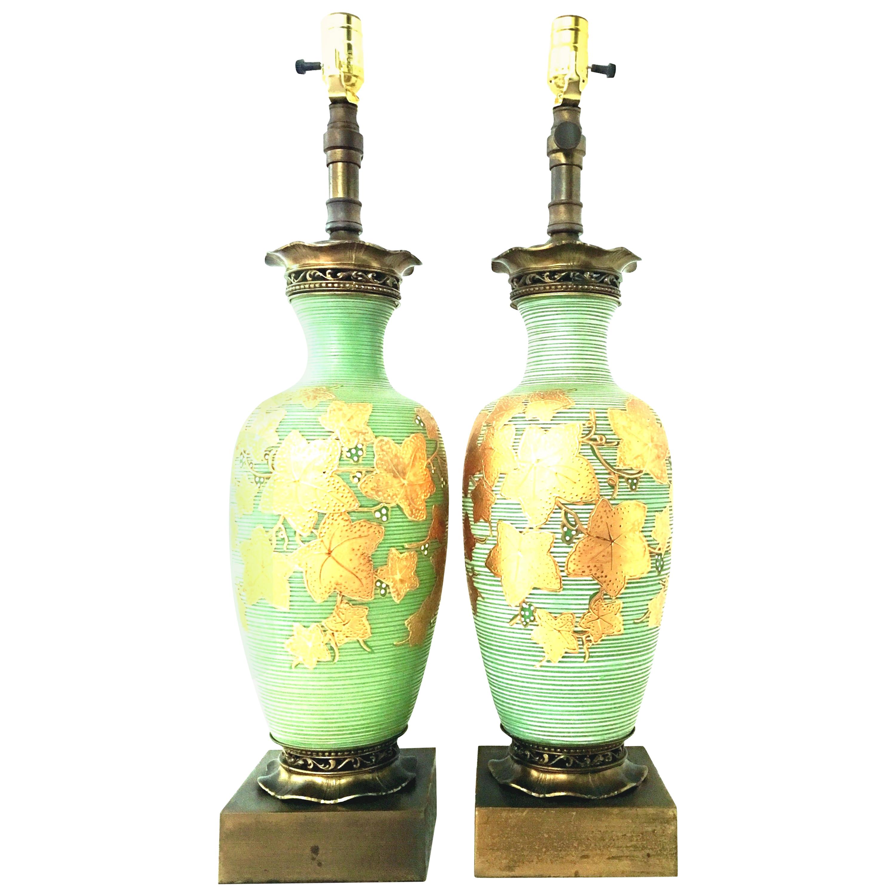 Pair of Italian Venetian Art Glass 22-Karat Gold and Brass Gold Table Lamps