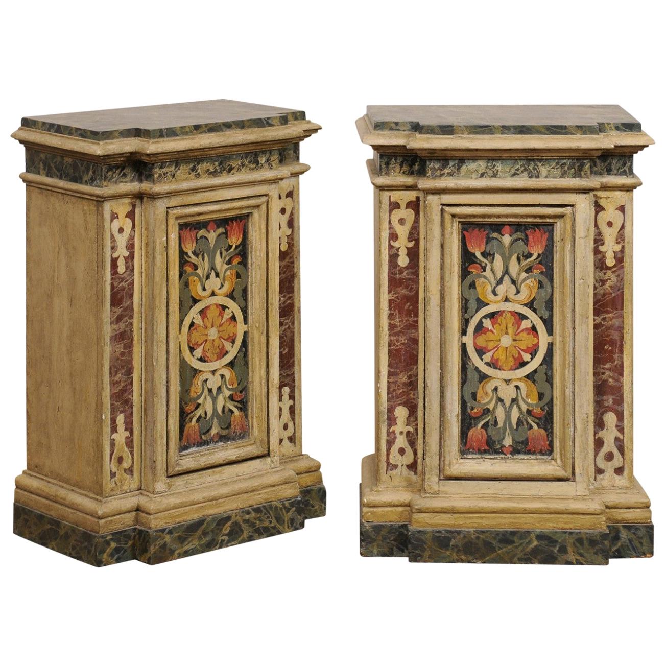 Antique Pair of Italian Wooden Pedestals with Original Artisan Paint