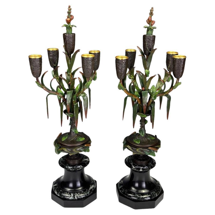 Antica coppia di candelabri in bronzo dipinto a freddo di James Pradier - XIX secolo Fre in vendita