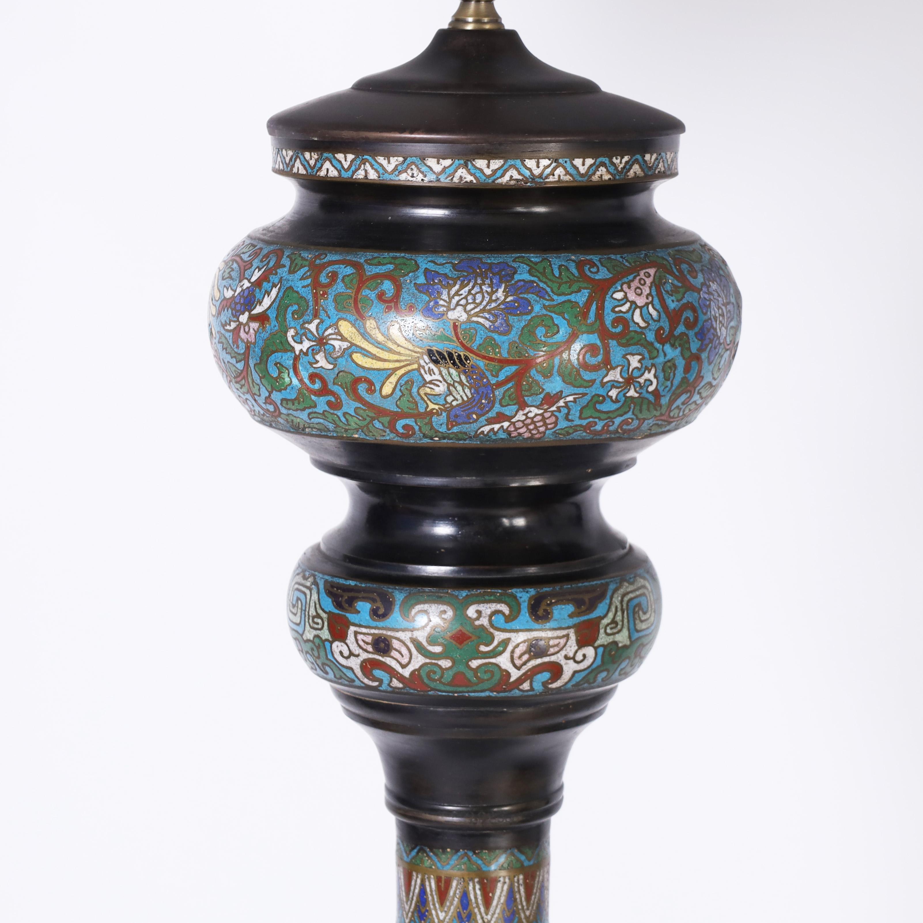 Meiji Antique Pair of Japanese Bronze Cloisonné Floor Lamps with Elephants