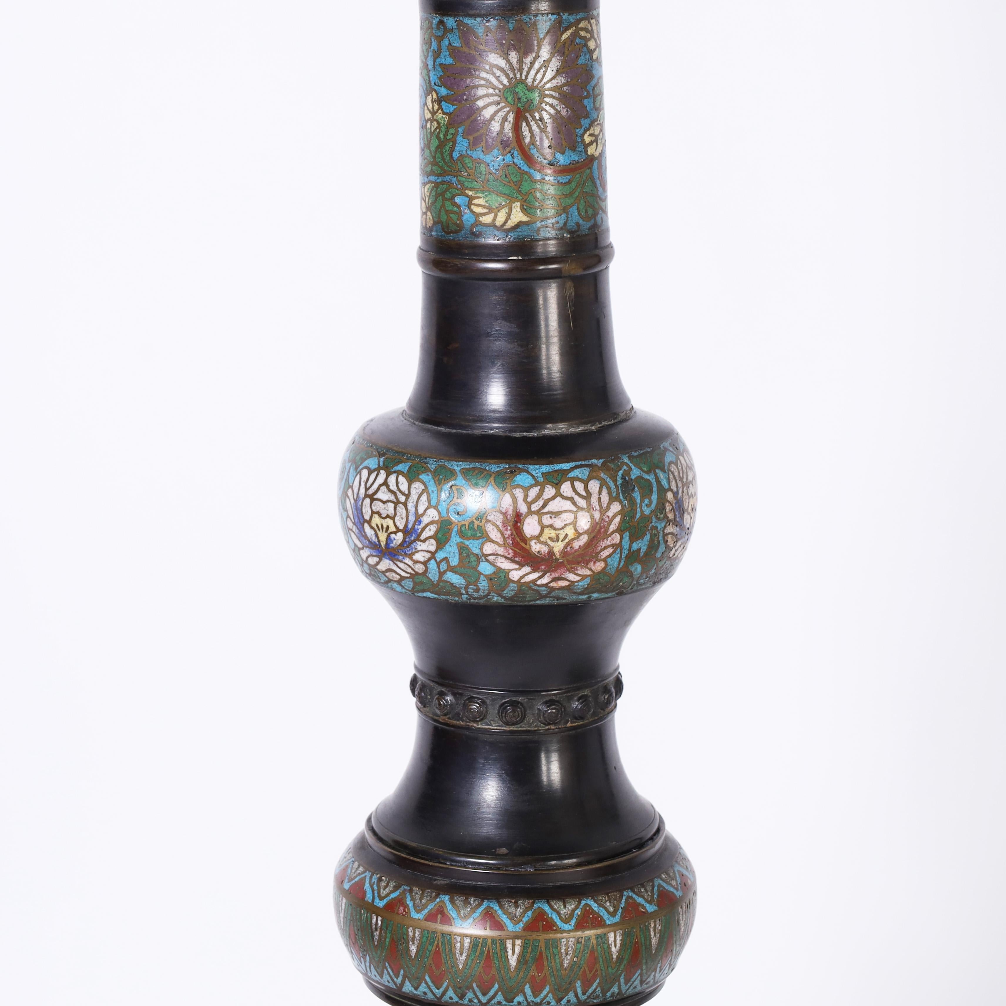 Hand-Crafted Antique Pair of Japanese Bronze Cloisonné Floor Lamps with Elephants