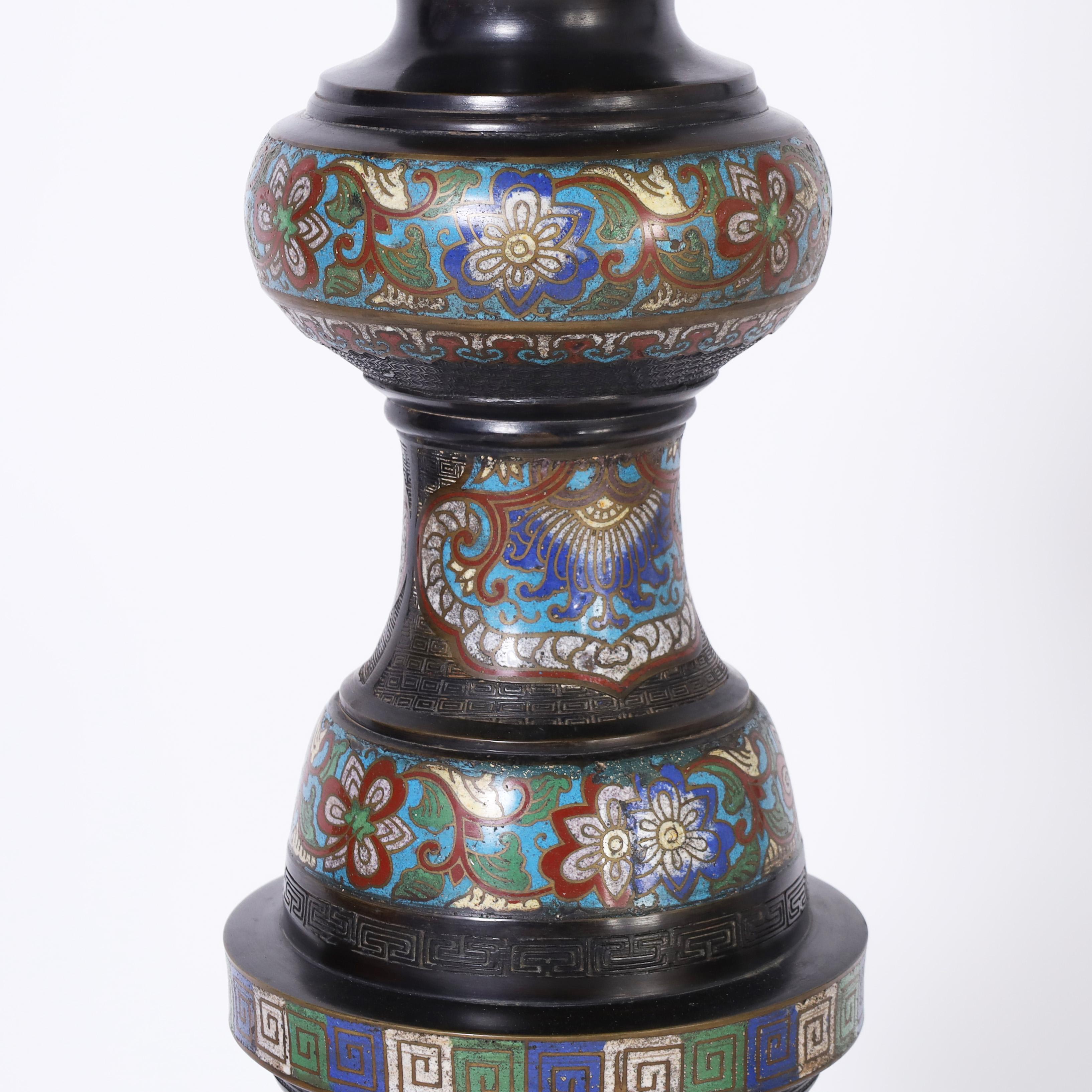 Antique Pair of Japanese Bronze Cloisonné Floor Lamps with Elephants In Good Condition In Palm Beach, FL