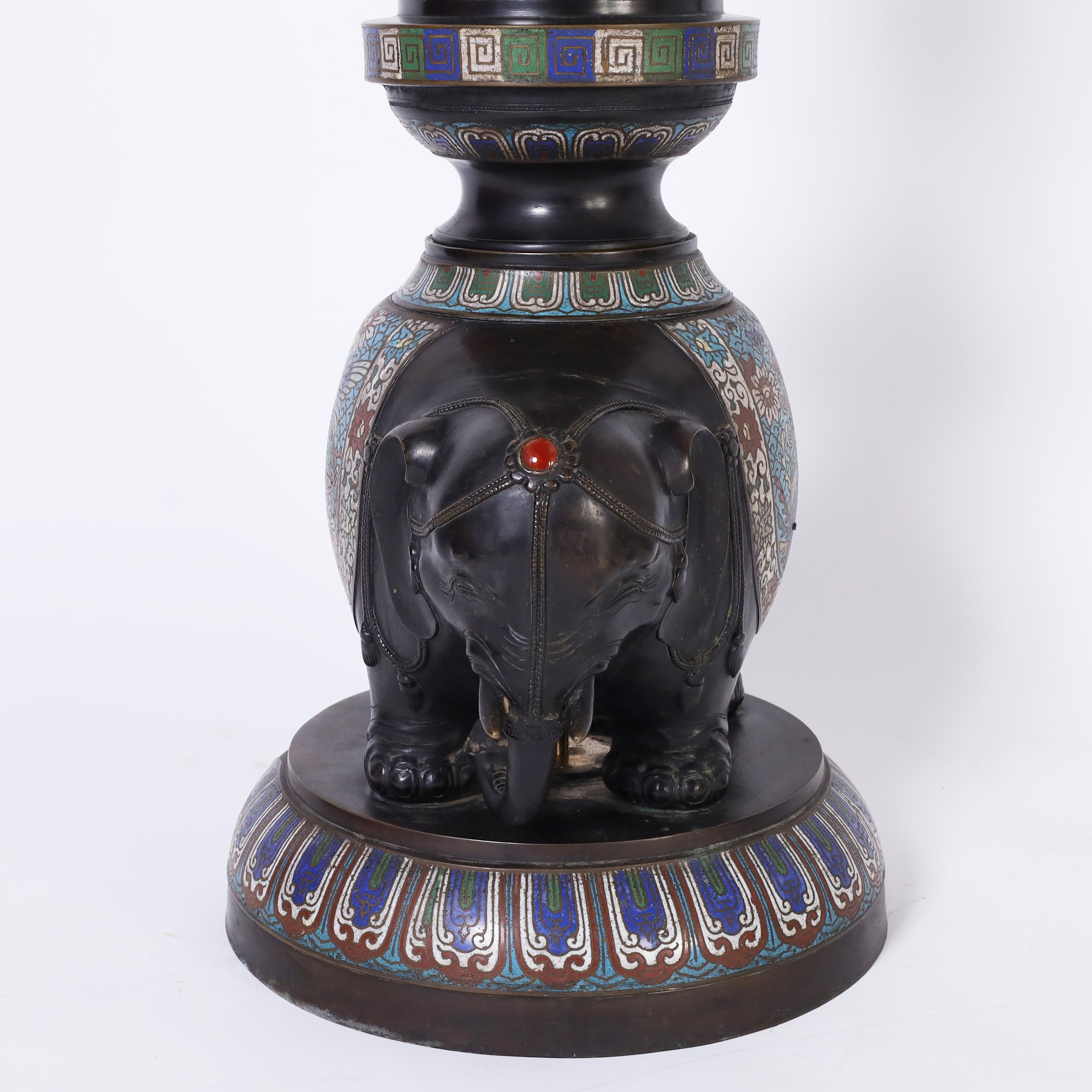 19th Century Antique Pair of Japanese Bronze Cloisonné Floor Lamps with Elephants