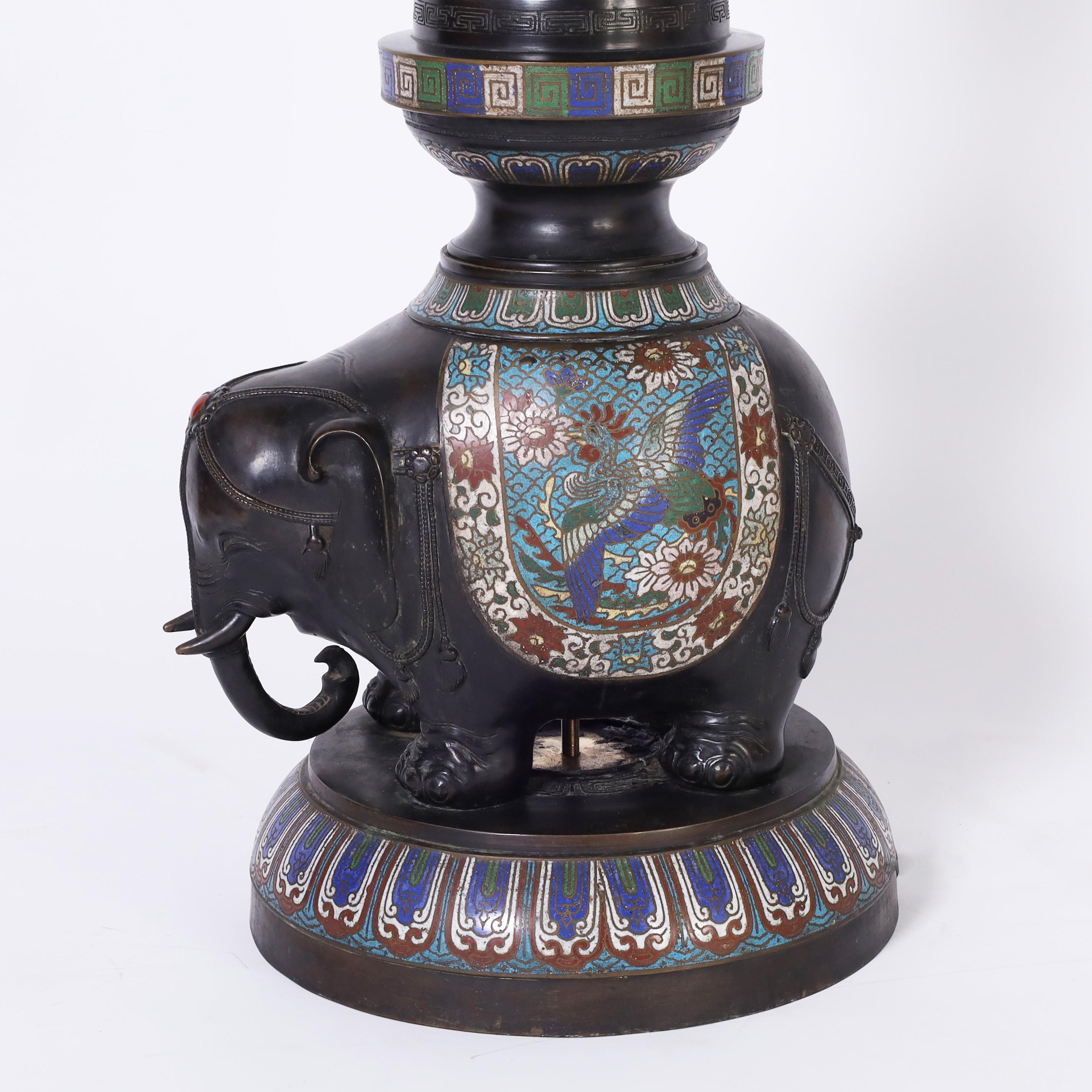 Antique Pair of Japanese Bronze Cloisonné Floor Lamps with Elephants 1