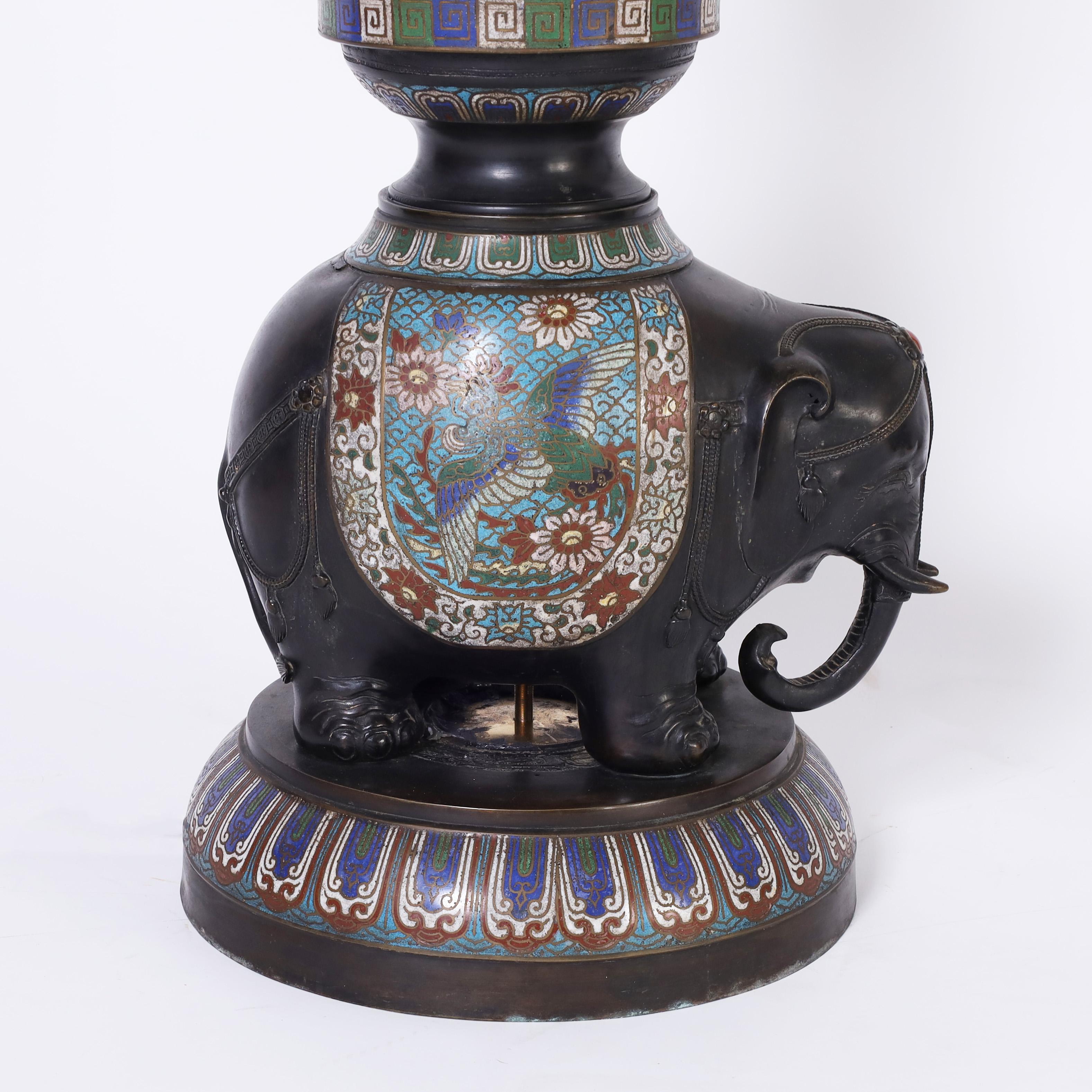 Antique Pair of Japanese Bronze Cloisonné Floor Lamps with Elephants 3
