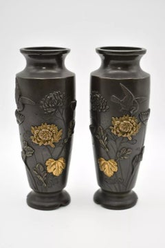 Antique Pair of Japanese Bronze Mixed Metal Floral and Birds Raised Detail Vases