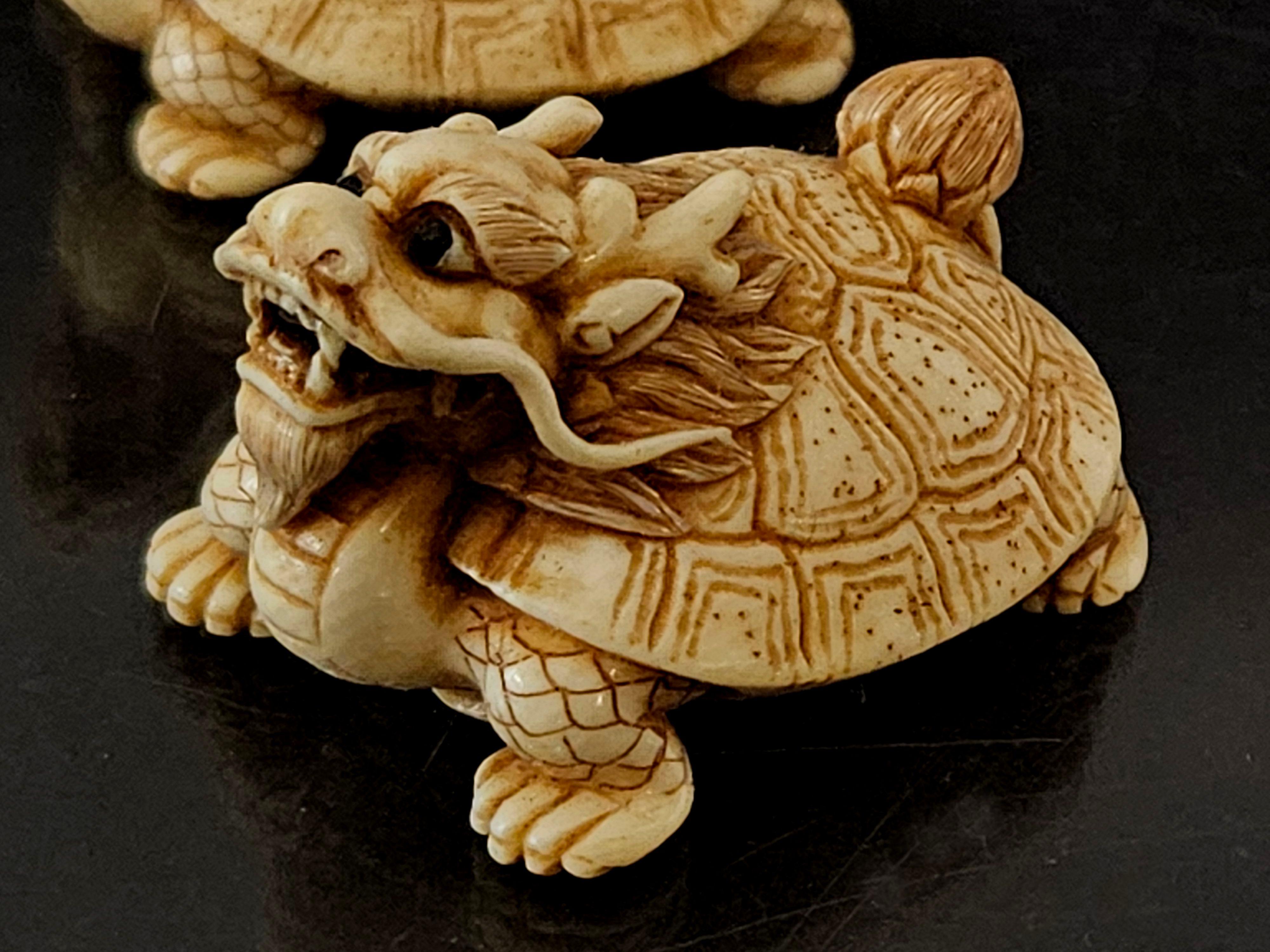 Antikes Paar japanischer geschnitzter Netsukes „Dragon-Schildkrötenkäfer“, Meiji-Periode (Elfenbein)