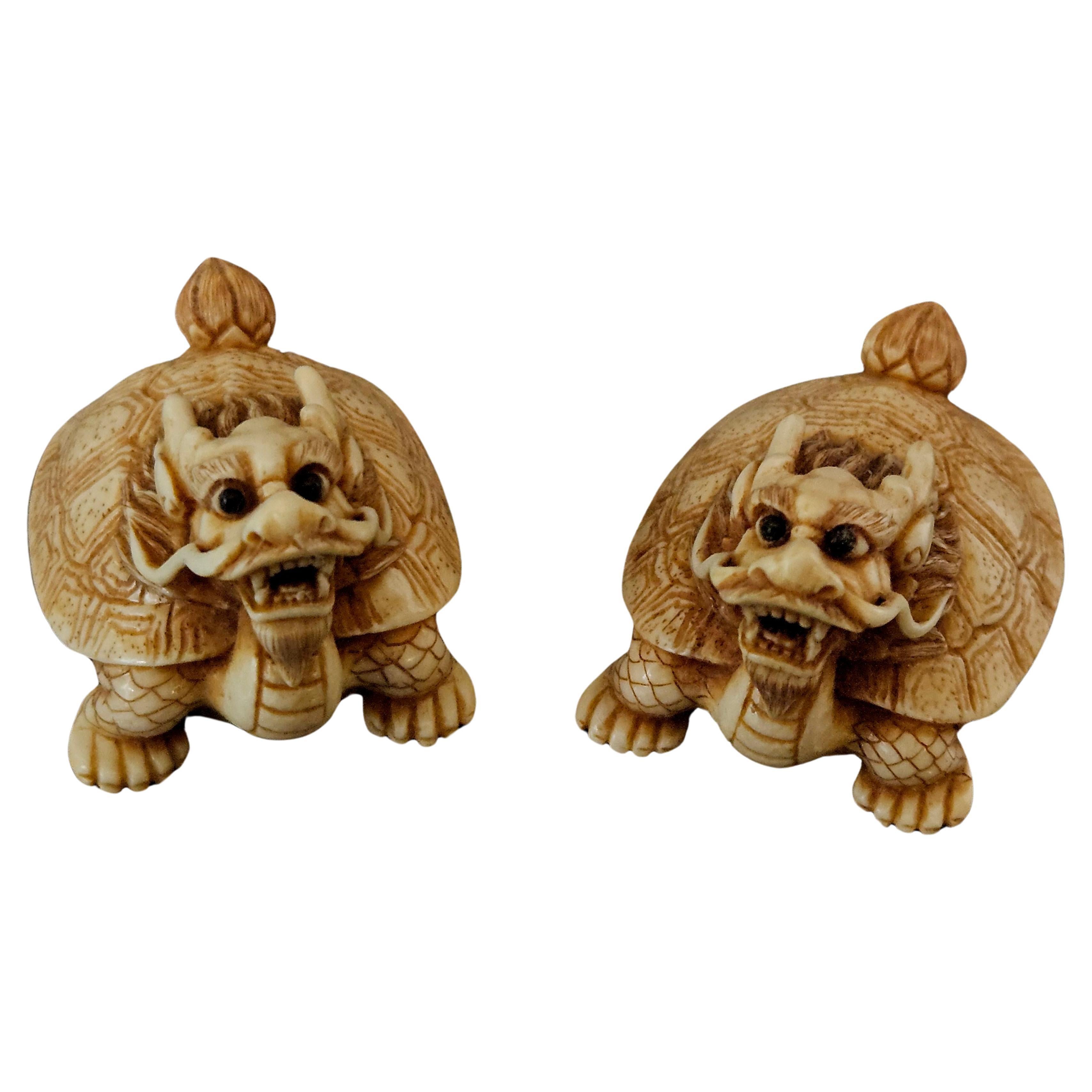 Antique Pair of Japanese Carved Netsukes "Dragon Turtles", Meiji Period For Sale