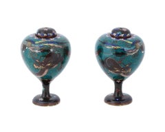 Antique Pair of Japanese Cloisonne Enamel Dragon and Phoenix Bird Jars