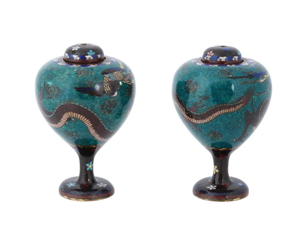 Cloissoné Antique Pair of Japanese Cloisonne Enamel Dragon and Phoenix Bird Jars For Sale