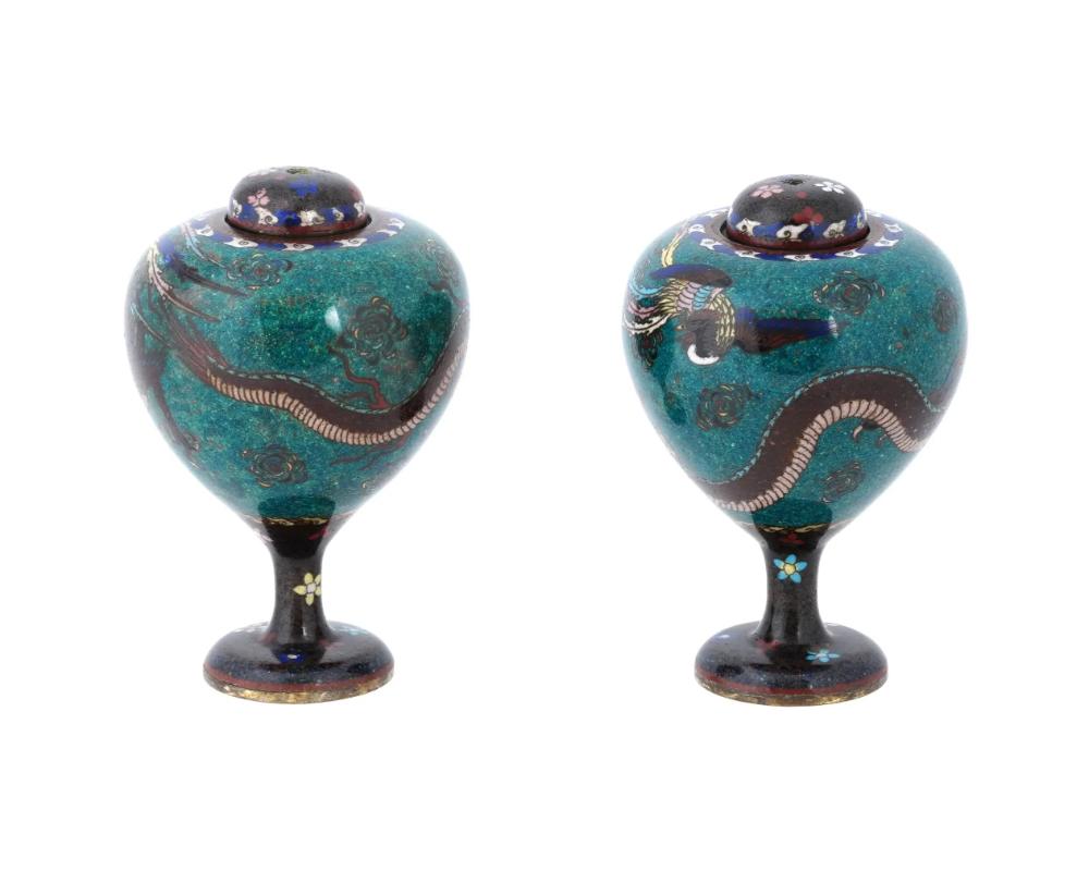 Antique Pair of Japanese Cloisonne Enamel Dragon and Phoenix Bird Jars In Good Condition For Sale In New York, NY