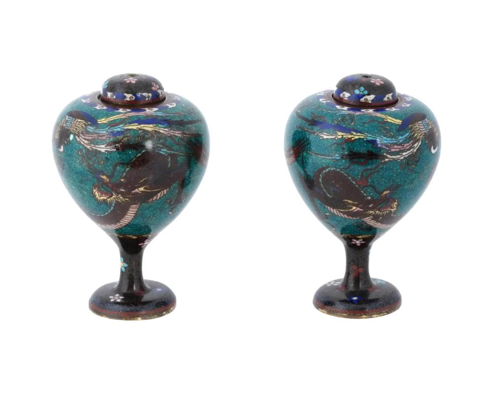 Antique Pair of Japanese Cloisonne Enamel Dragon and Phoenix Bird Jars For Sale