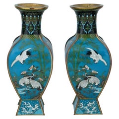 Antique Pair Of Japanese Cloisonne Enamel Vases With Hawks, Cranes, Scenes