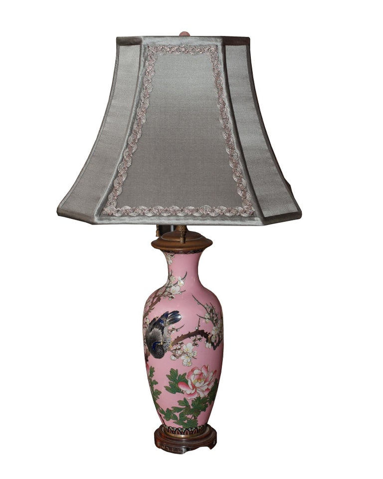 Antique Pair of Japanese Handpainted Pink Porcelain Lamps with Silver  Shades For Sale at 1stDibs