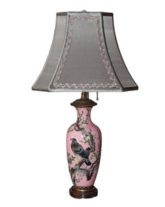 Antique Pair of Japanese Handpainted Pink Porcelain Lamps with Silver Shades