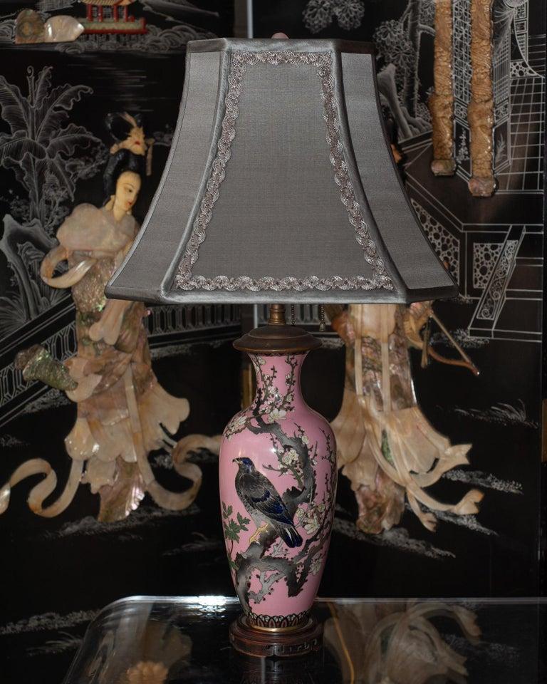 20th Century Antique Pair of Japanese Handpainted Pink Porcelain Lamps with Silver Shades For Sale