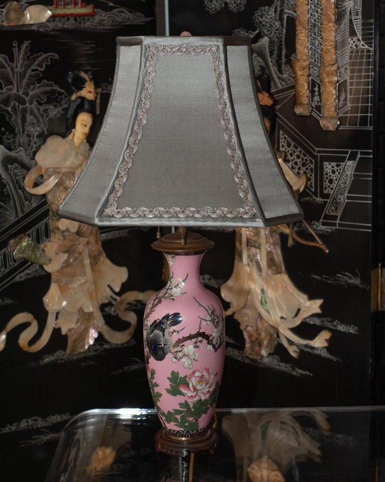 Metal Antique Pair of Japanese Handpainted Pink Porcelain Lamps with Silver Shades For Sale