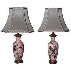 Vintage Pair of Japanese Handpainted Pink Porcelain Lamps with Silver Shades