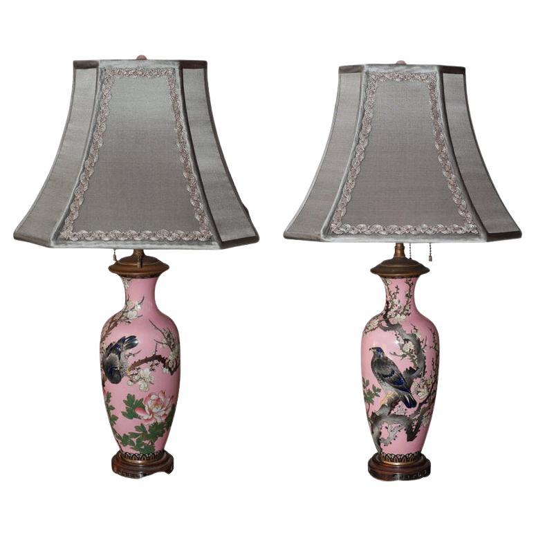 Antique Pair of Japanese Handpainted Pink Porcelain Lamps with Silver Shades For Sale