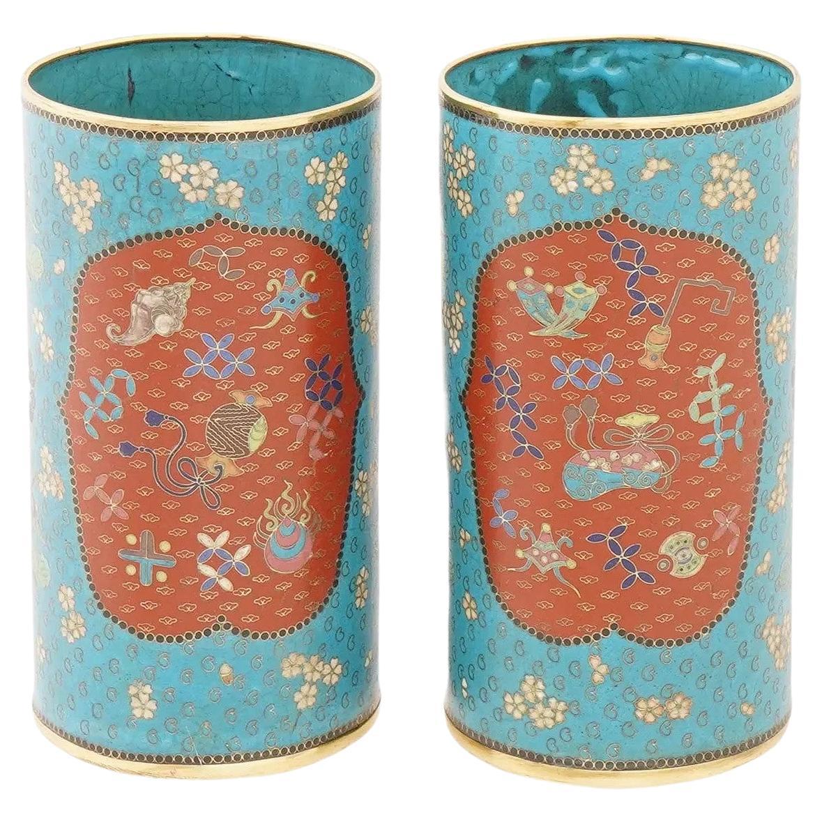 Antique Pair of Japanese Meiji Era Cloisonné Enamel Brush Pots For Sale