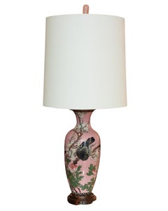 Antique Pair of Japanese Pink Porcelain Lamps with White Linen Shades