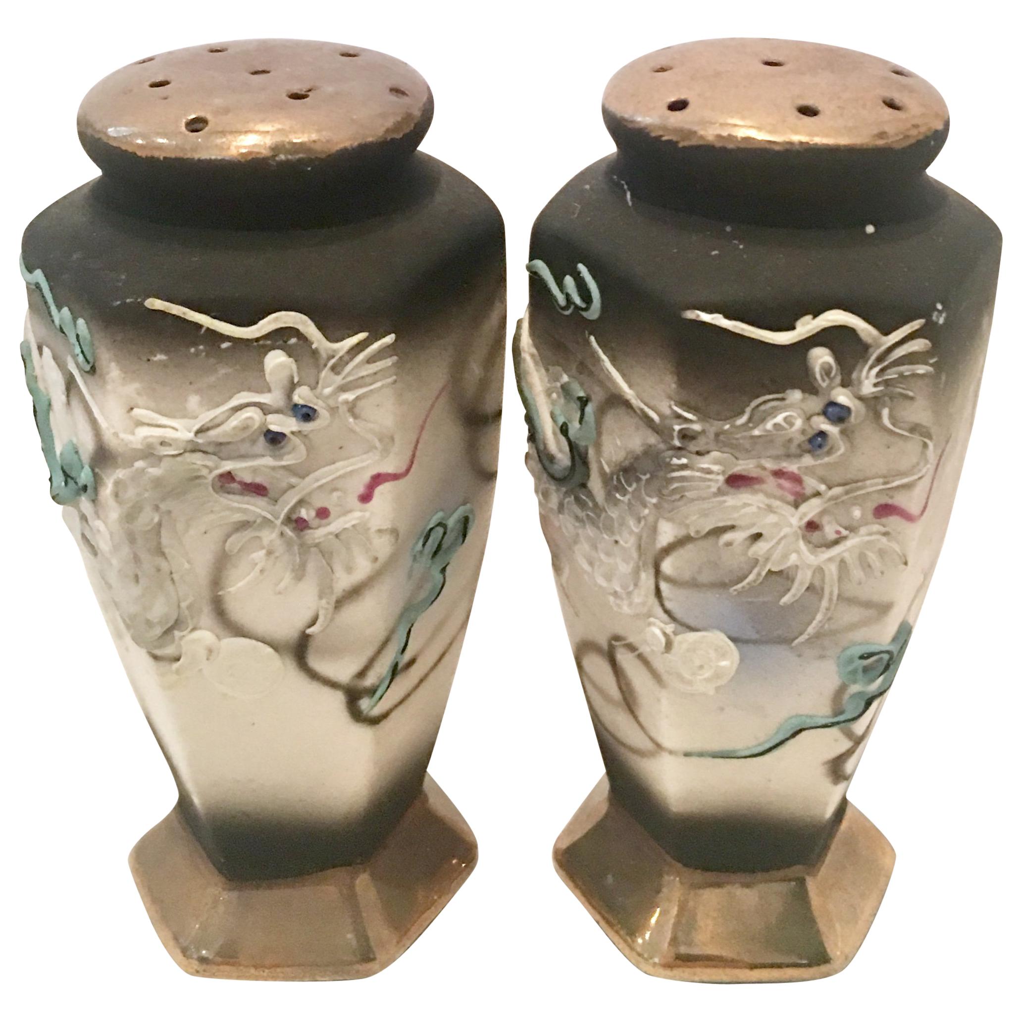 Antique Pair Of Japanese Porcelain Moriage Dragware Salt & Pepper Shaker 