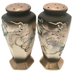 Antique Pair Of Japanese Porcelain Moriage Dragware Salt & Pepper Shaker