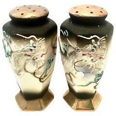 Antique Pair of Japanese Porcelain Moriage Dragware Salt & Pepper Shaker