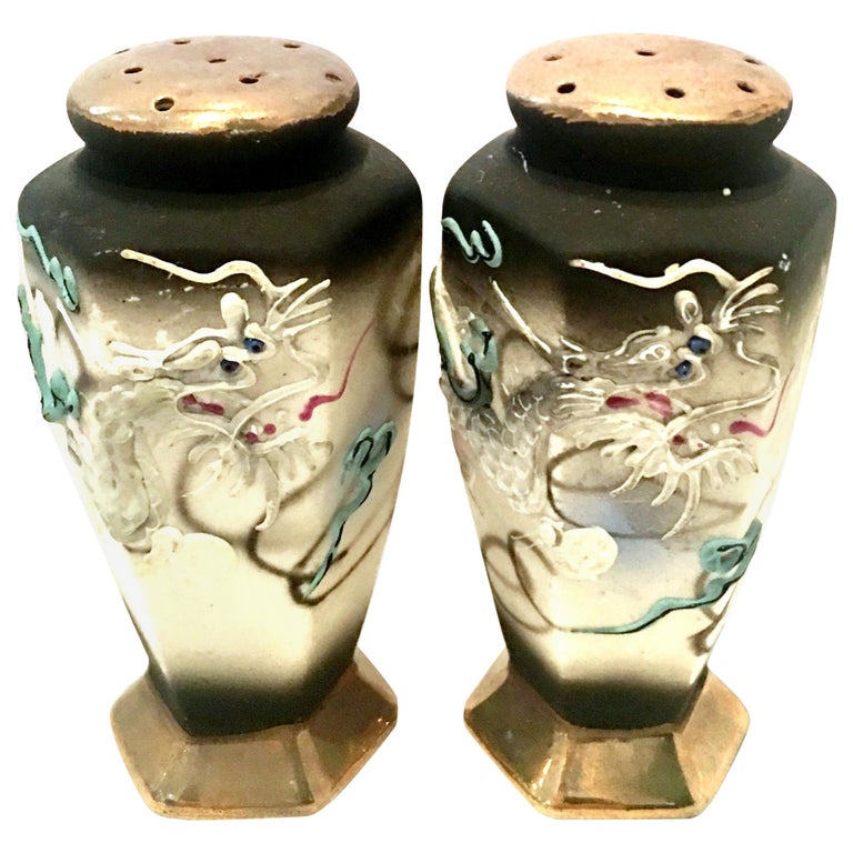 Antique Pair of Japanese Porcelain Moriage Dragware Salt and Pepper